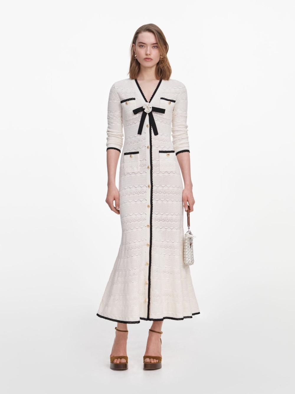 NWOT Self-Portrait White Pointelle Long Sleeve Knit Cardigan Midi Dress, Size M